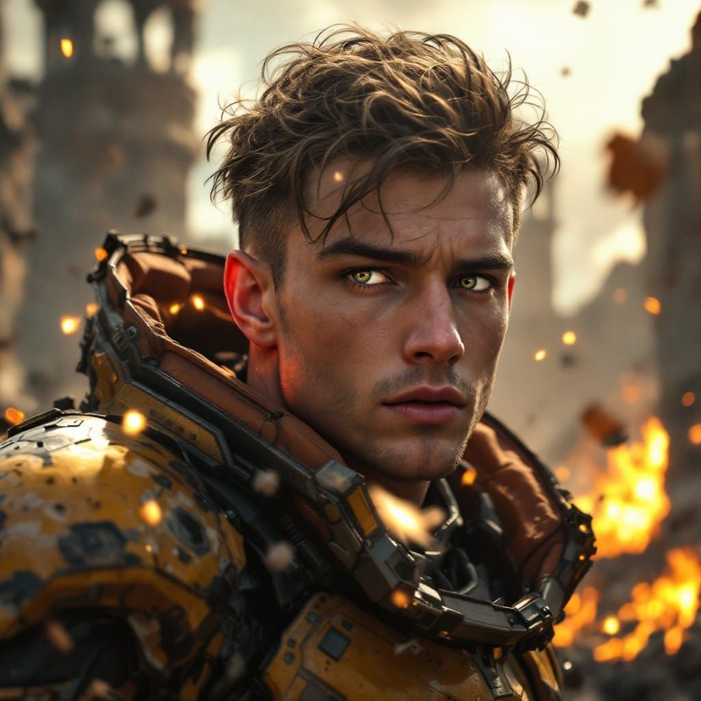 Daring Mecha Warrior in Ruins of a Blazing Citadel