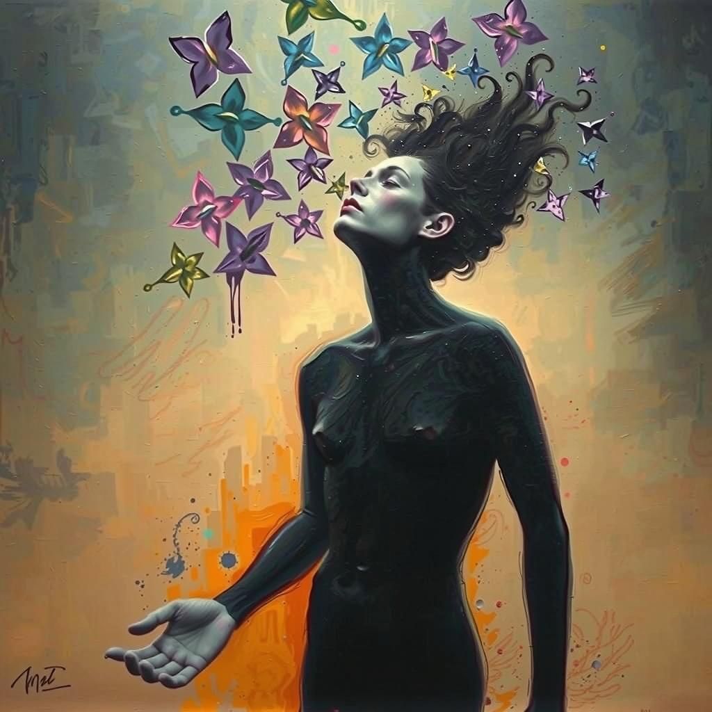 A dreamlike human silhouette, melting, distorted proportions, soft focus, oil on canvas texture, dreamy, ethereal atmosp...