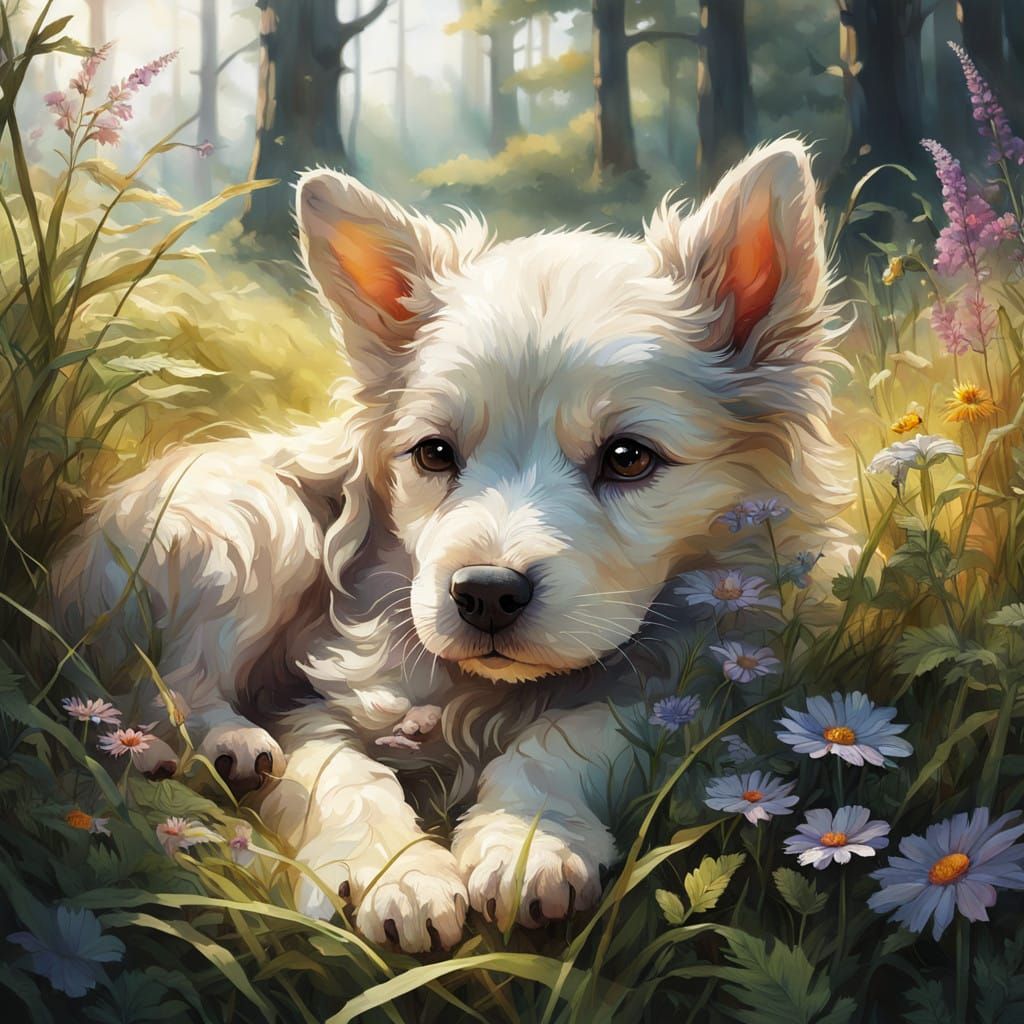 Hyperrealistic Watercolor Painting of a Sleeping Puppy in a...