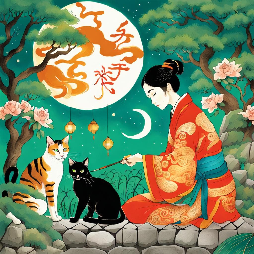 Calligraphy Art: Mischievous Cats Under Moonlit Sky
