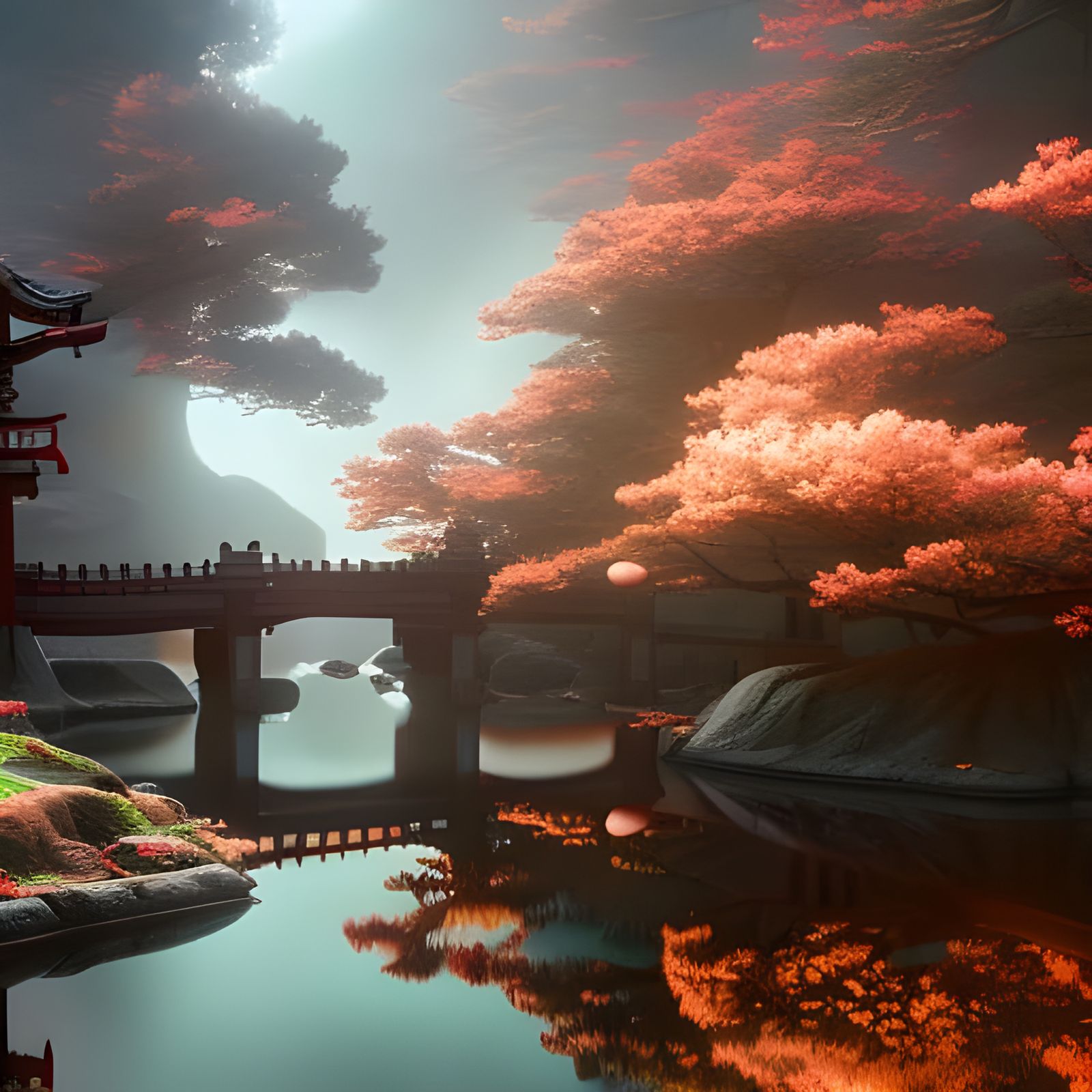 Mountain Onsen in Biopunk Style with Sakura Trees