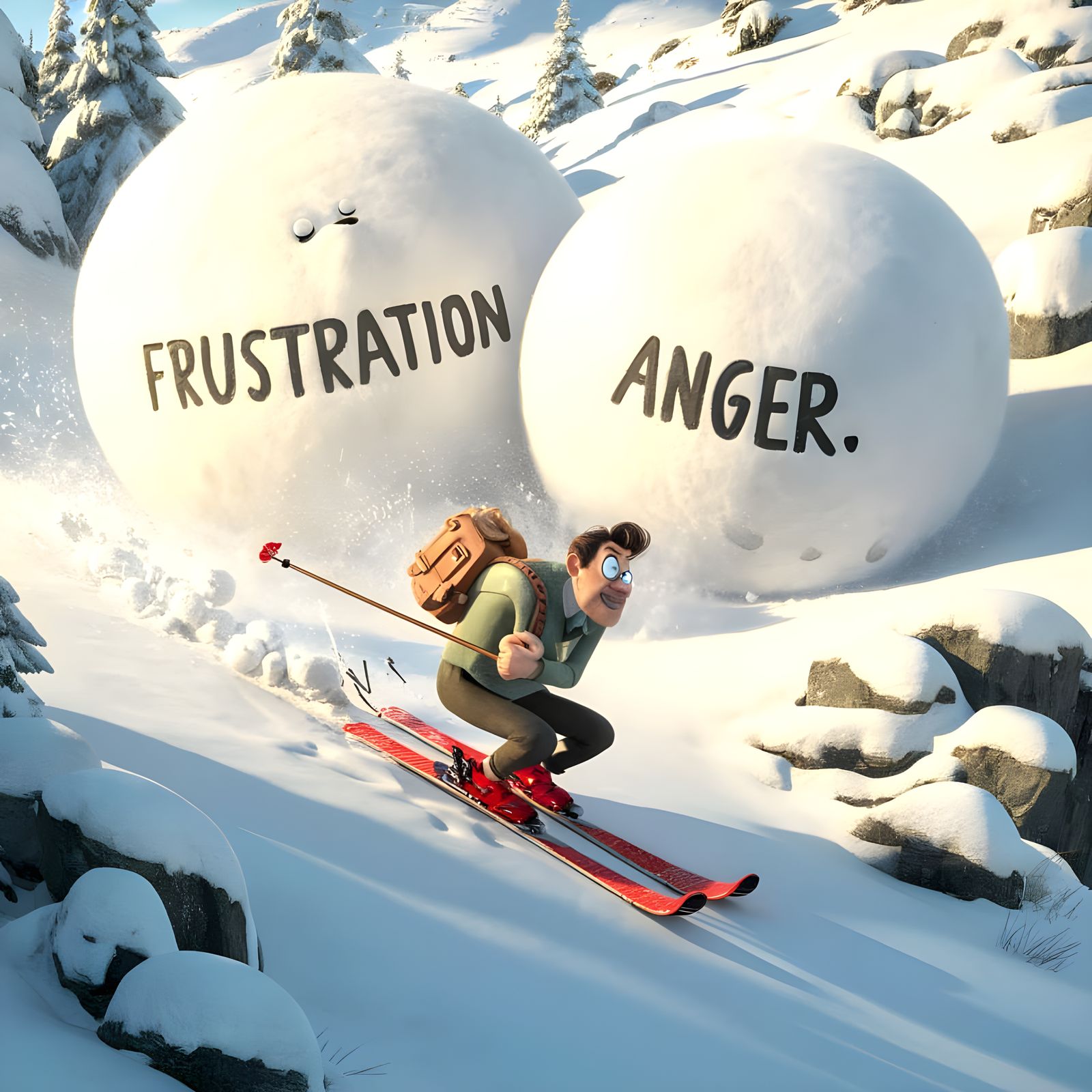 Man Escapes Frustration and Anger in a Whimsical Snowy Chase