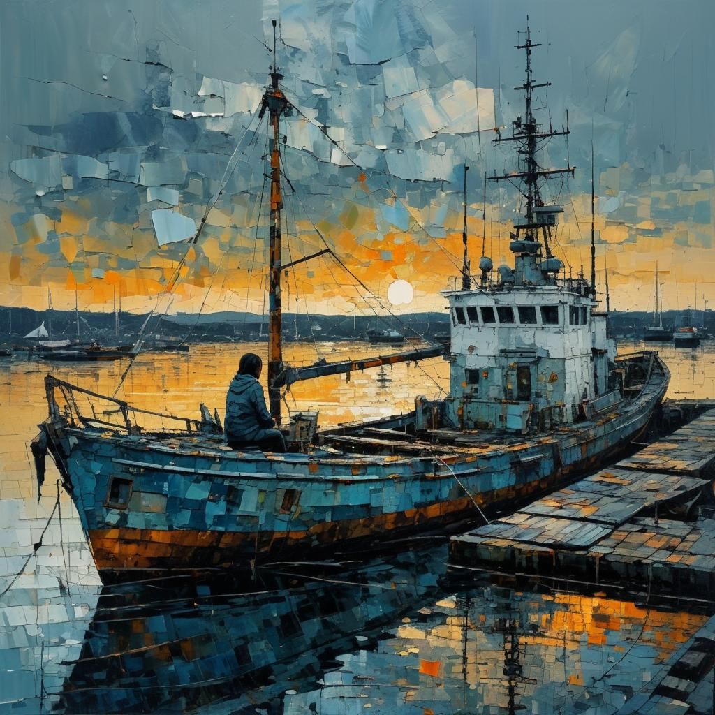 Woman Fishing at Dock in Cubist Oil Painting