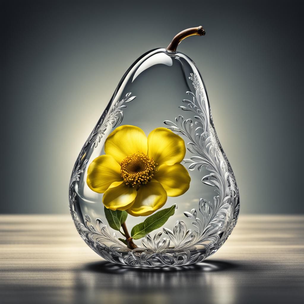 Hyperrealistic Glass Pear with Yellow Flower
