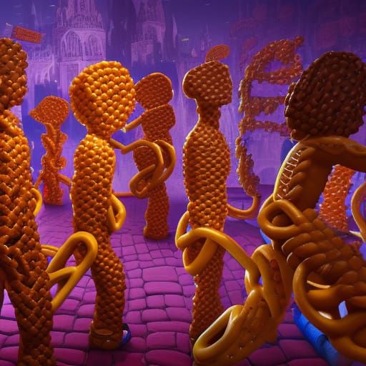 Pretzel People Dancing at a Disco, Detailed Matte Painting