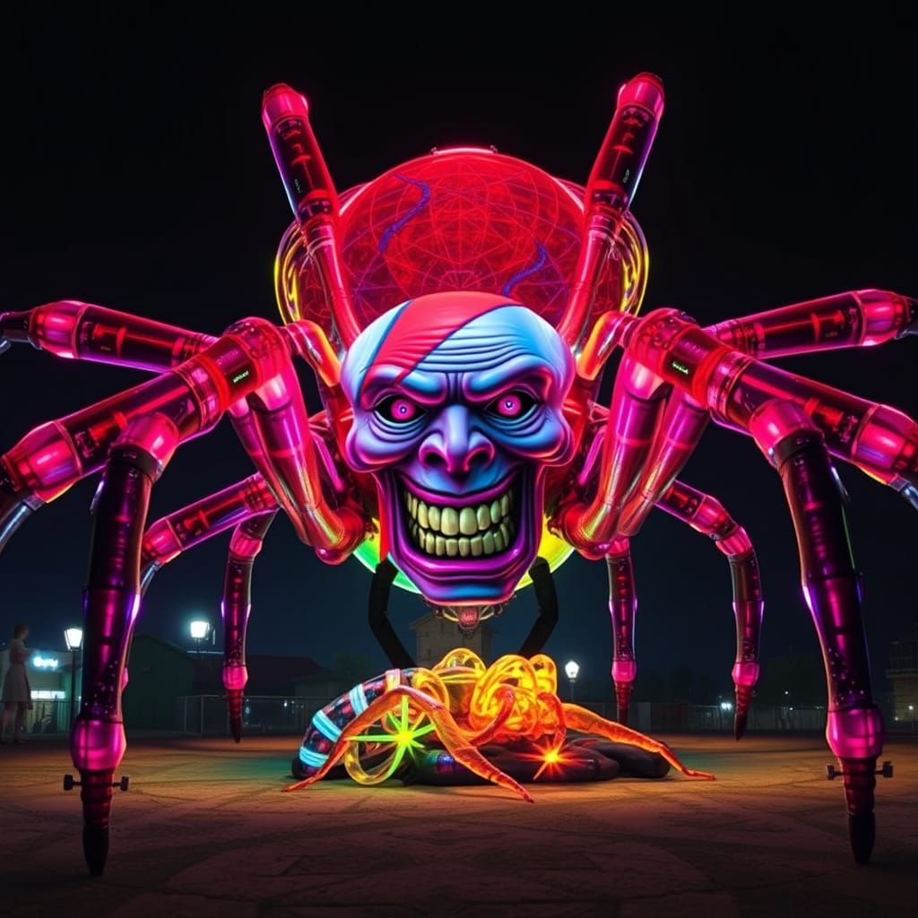 Glowing Futuristic Spider Sculpture in Neon Glow