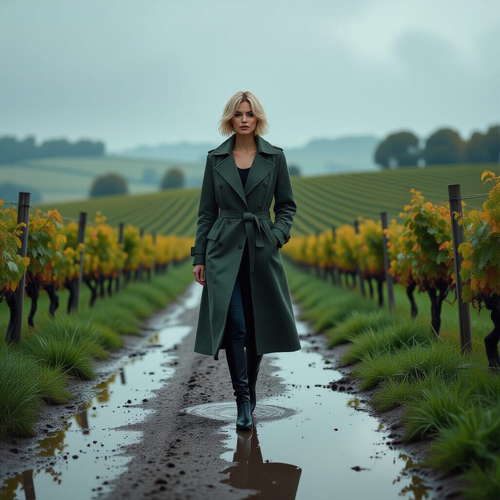Hyperrealistic Woman Walks Country Road in Autumn