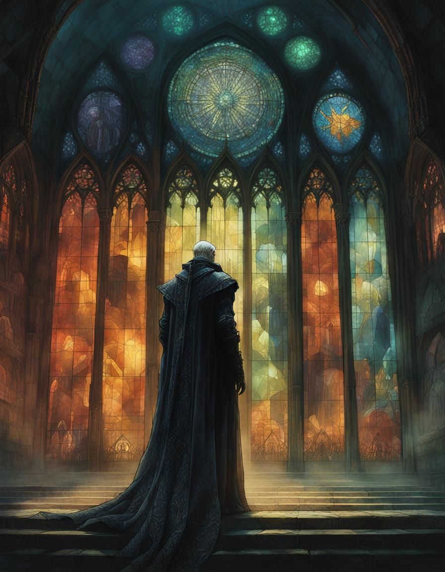 Gothic Figure in Stained Glass, Cinematic Concept Art