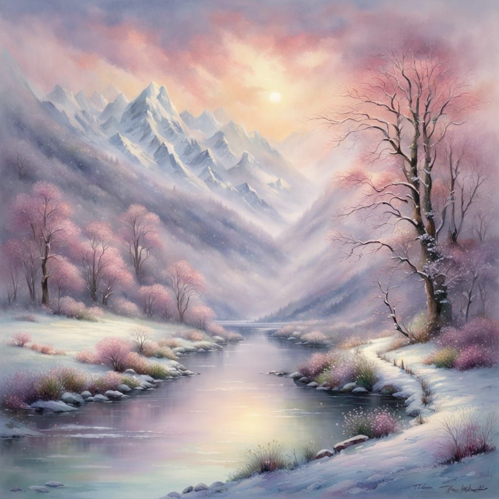 Ethereal Winter Landscape with Blooming Trees