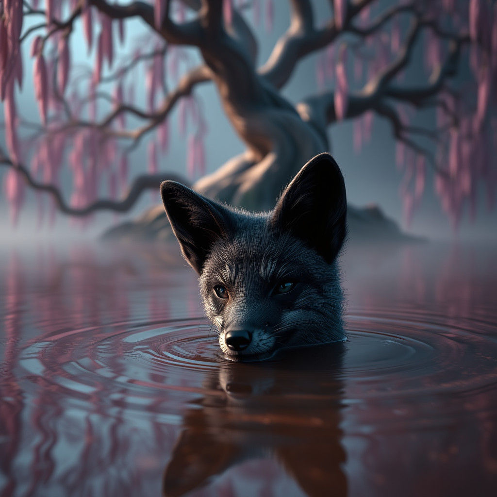 Fox Emerges from Coffee Pond in Dreamlike Setting