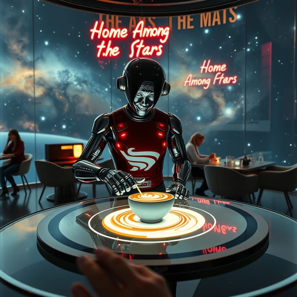 Futuristic Cosmic Coffee Shop in Transparent Crystal Amidst....