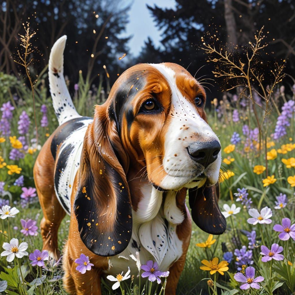 Impressionist Basset Hound in Spring Garden