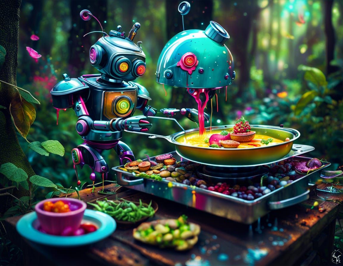 Fairy Robot Butler in Forest, Graffiti Art Style