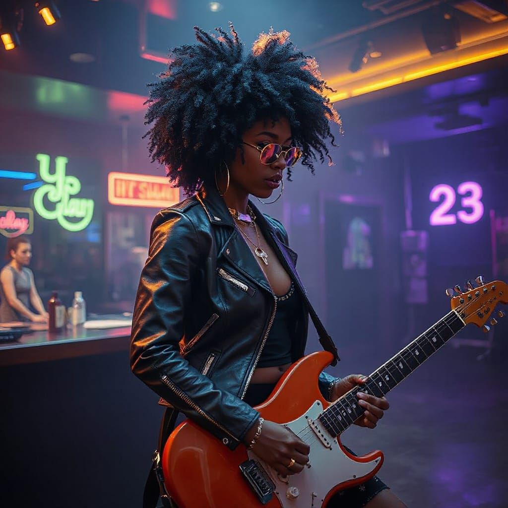 Cyberpunk Punk Rocker Plays Guitar in Neon Club