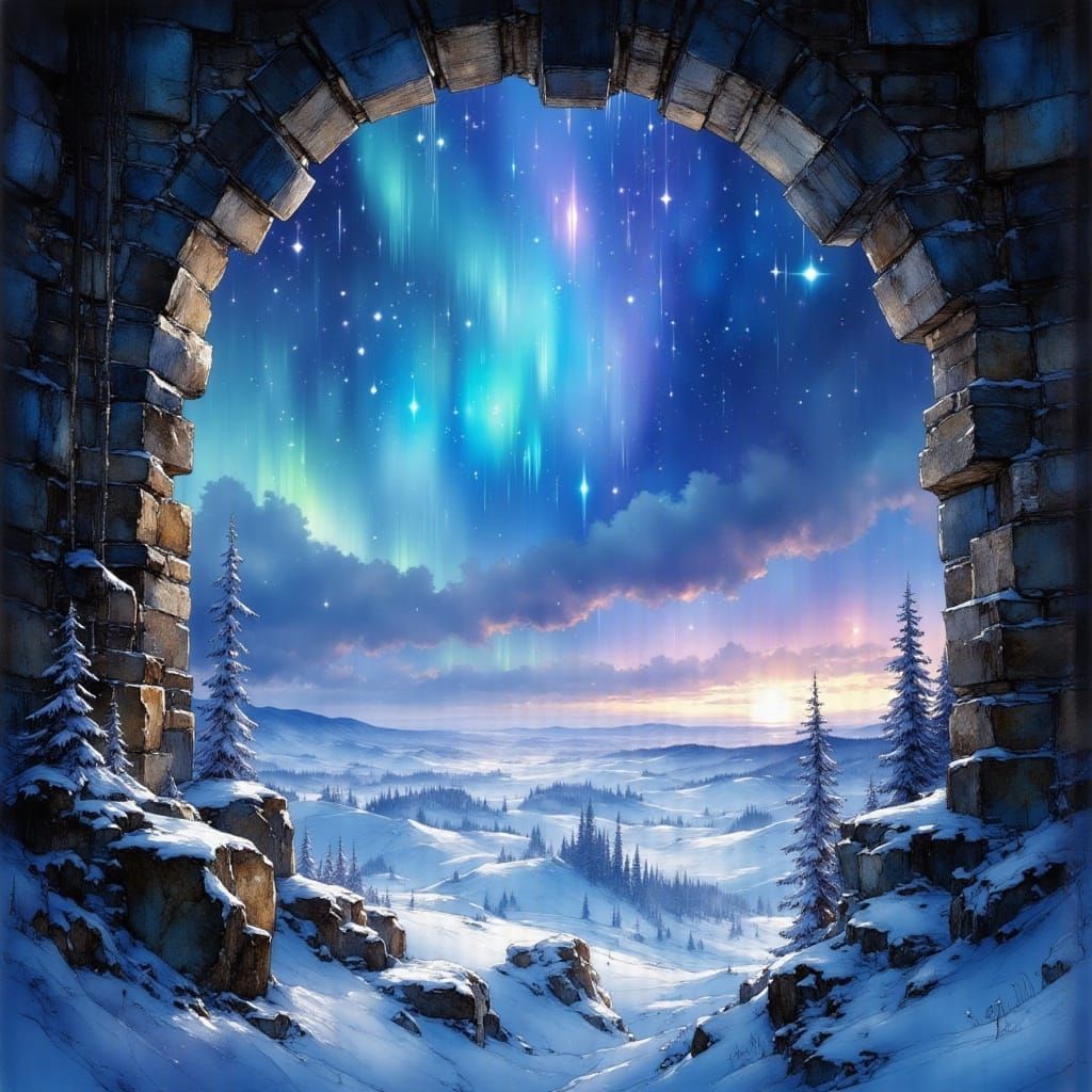 Castle View of Snowy Tundra Under Northern Lights