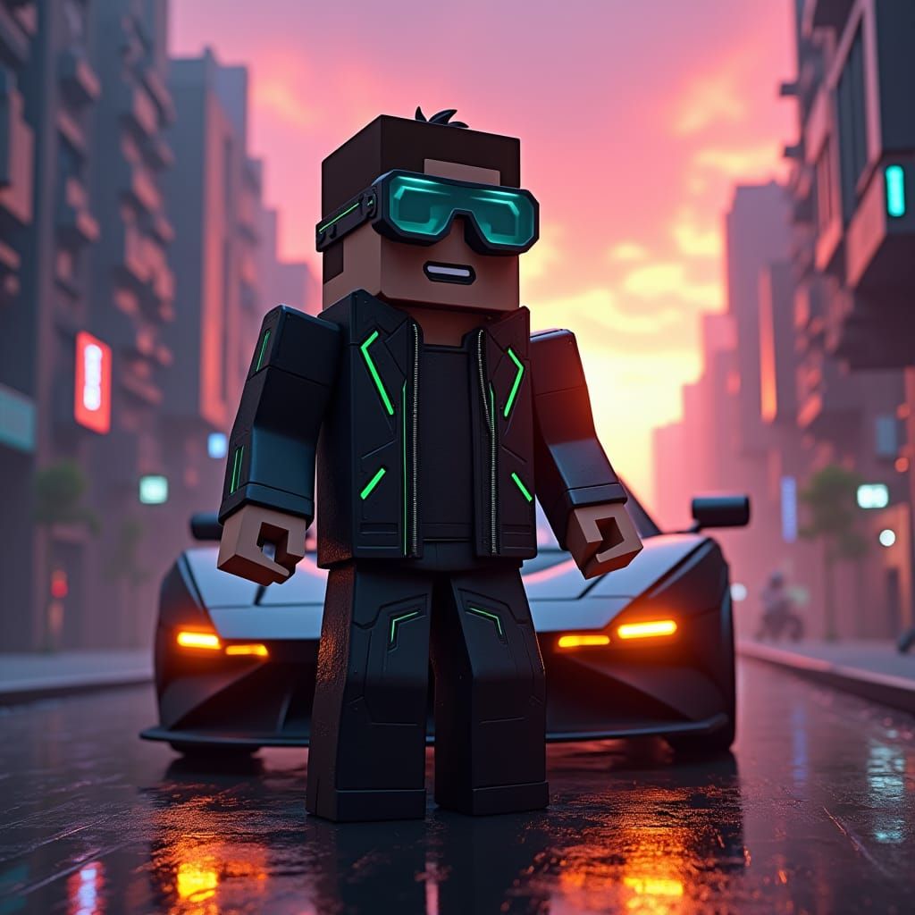 Cyberpunk Minecraft Hero in Blocky Cityscape