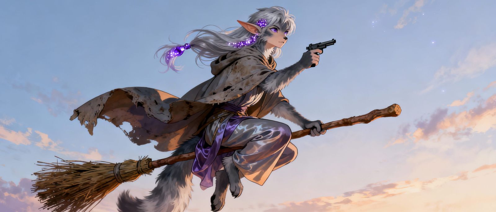 Elf Girl on Broomstick Makes Finger Guns in Expressive Art S...