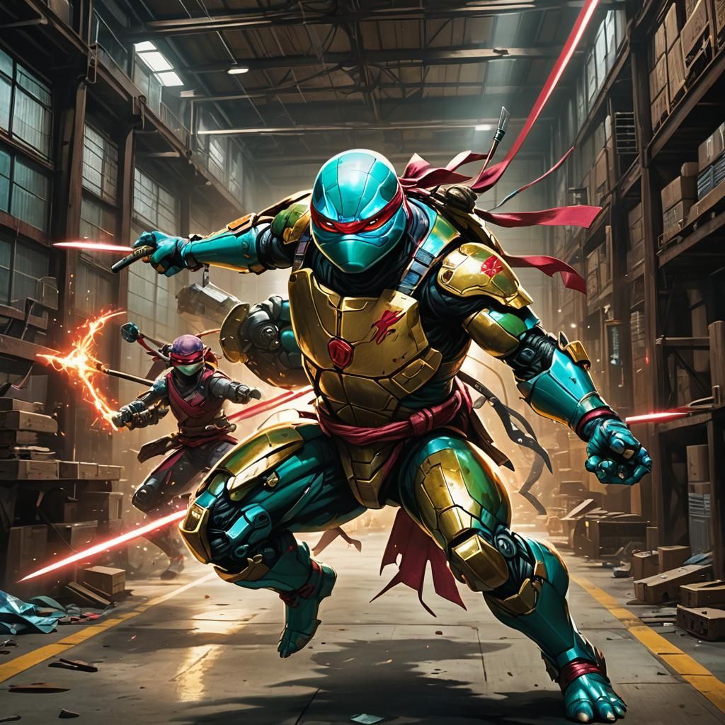 Ninja Turtle and Splinter Battle Robots in Warehouse
