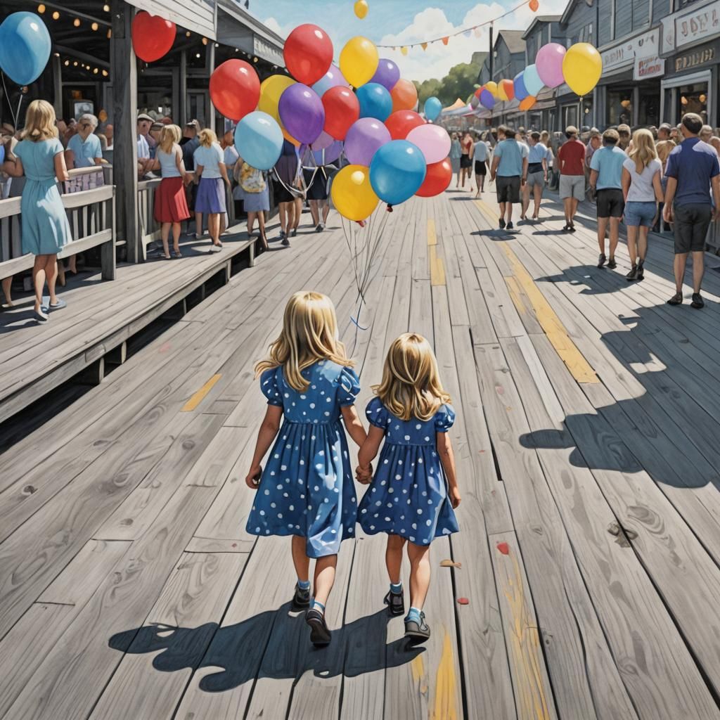 Girl with Balloons: Pencil Drawing with Color Accents