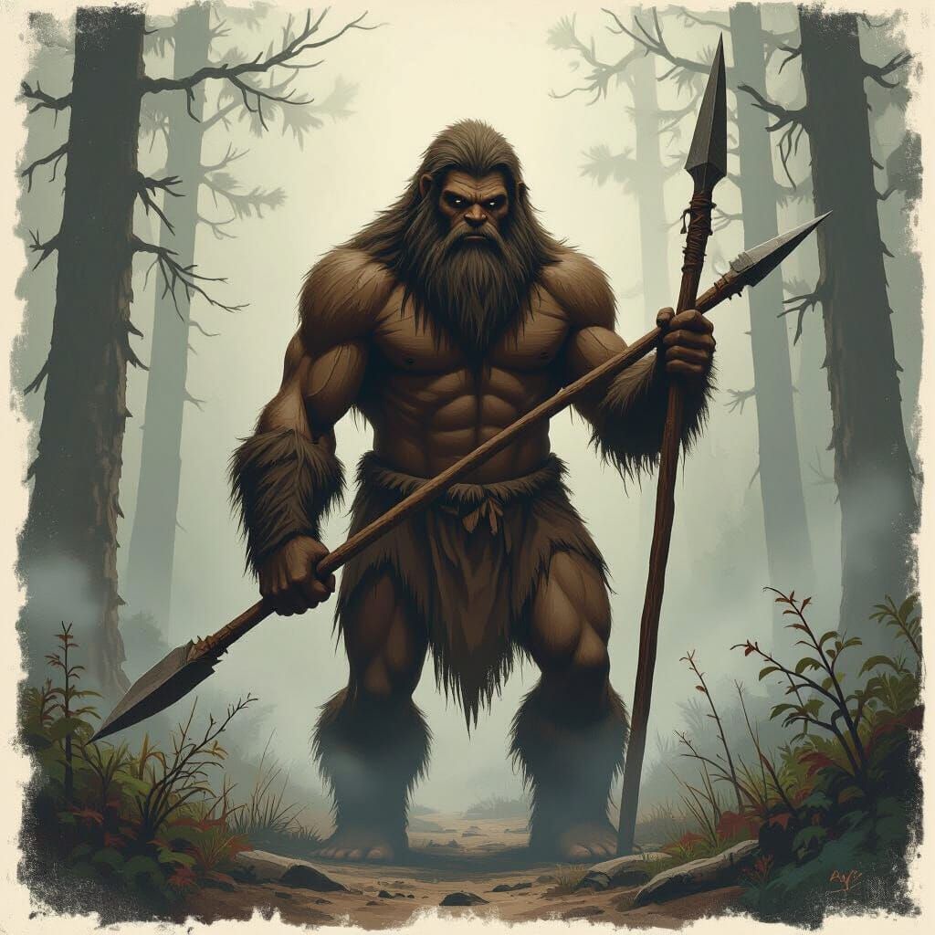 Bigfoot Holding a Spear in the Wilderness