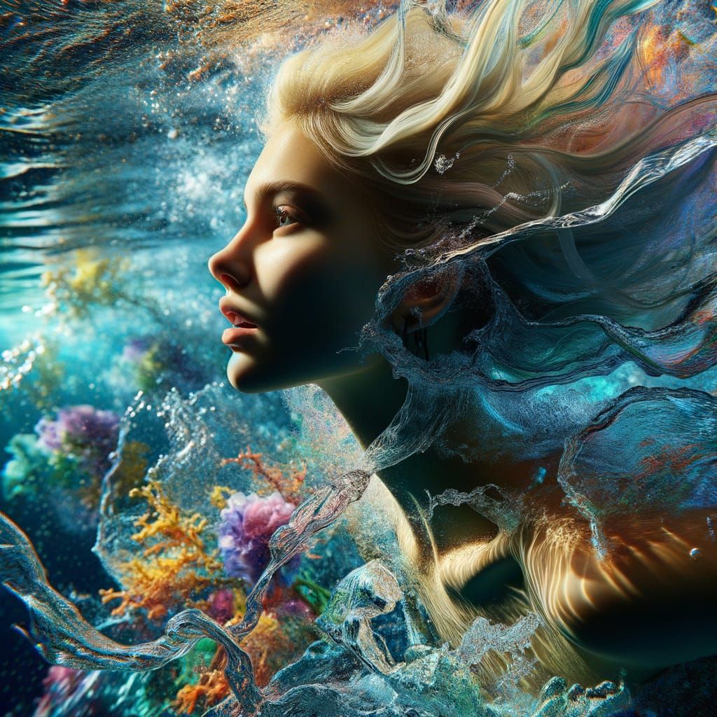 Blonde Girl Swimming in Sea with Dramatic Splash Art