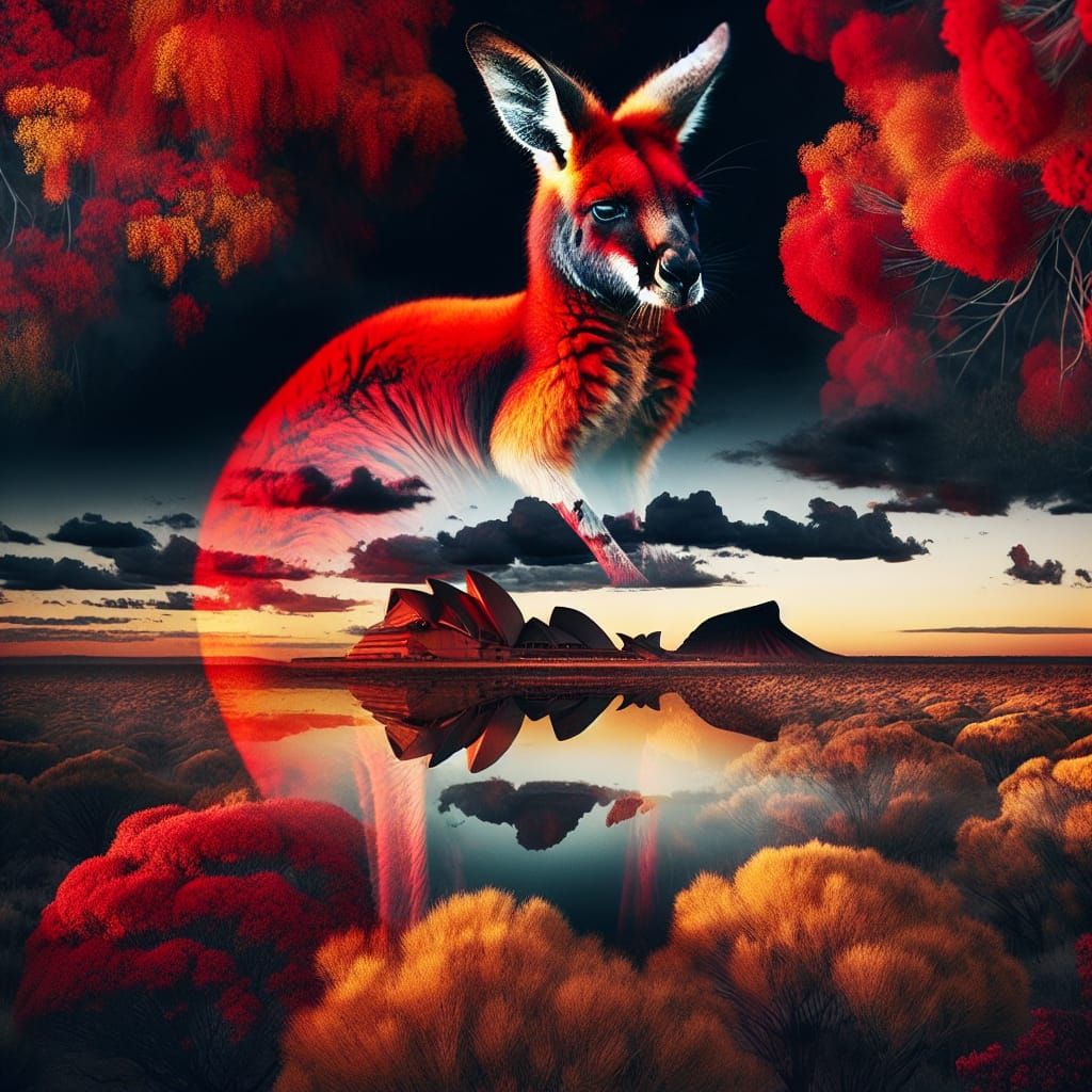 Flaming Kangaroo Emerges from Desert Double Exposure