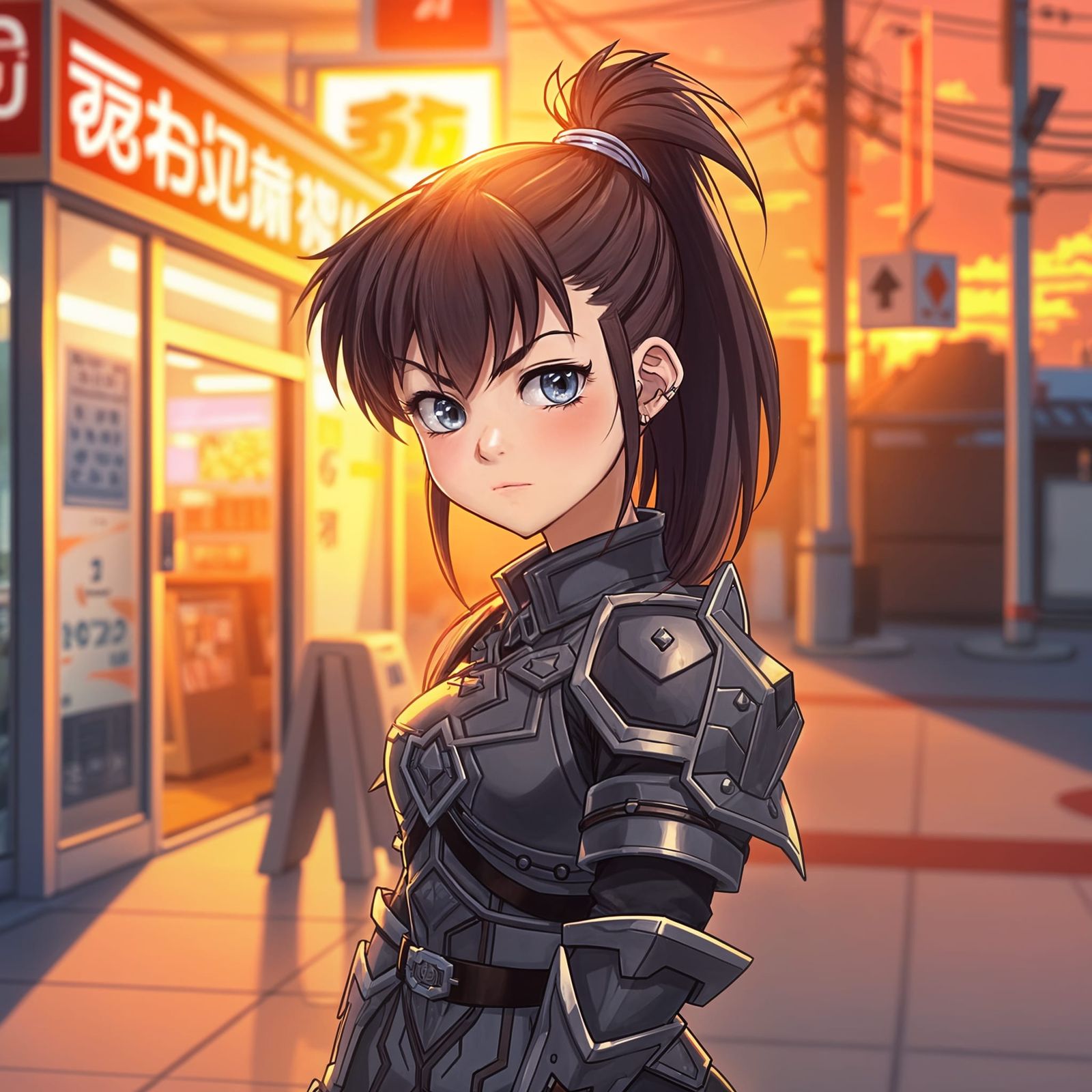 Mysterious Anime Girl in Armor at Sunset