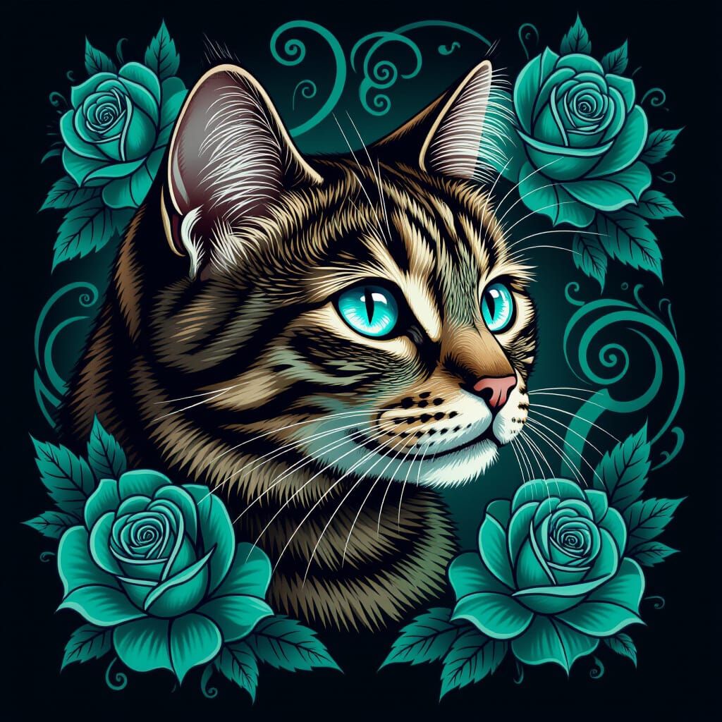 Tabby Cat Portrait in Neo-Traditional Tattoo Style