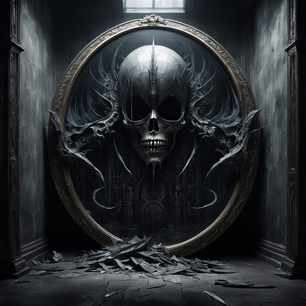 Gilded Mirror Shattered on a Dark Stone Wall Reflects Ghostl...