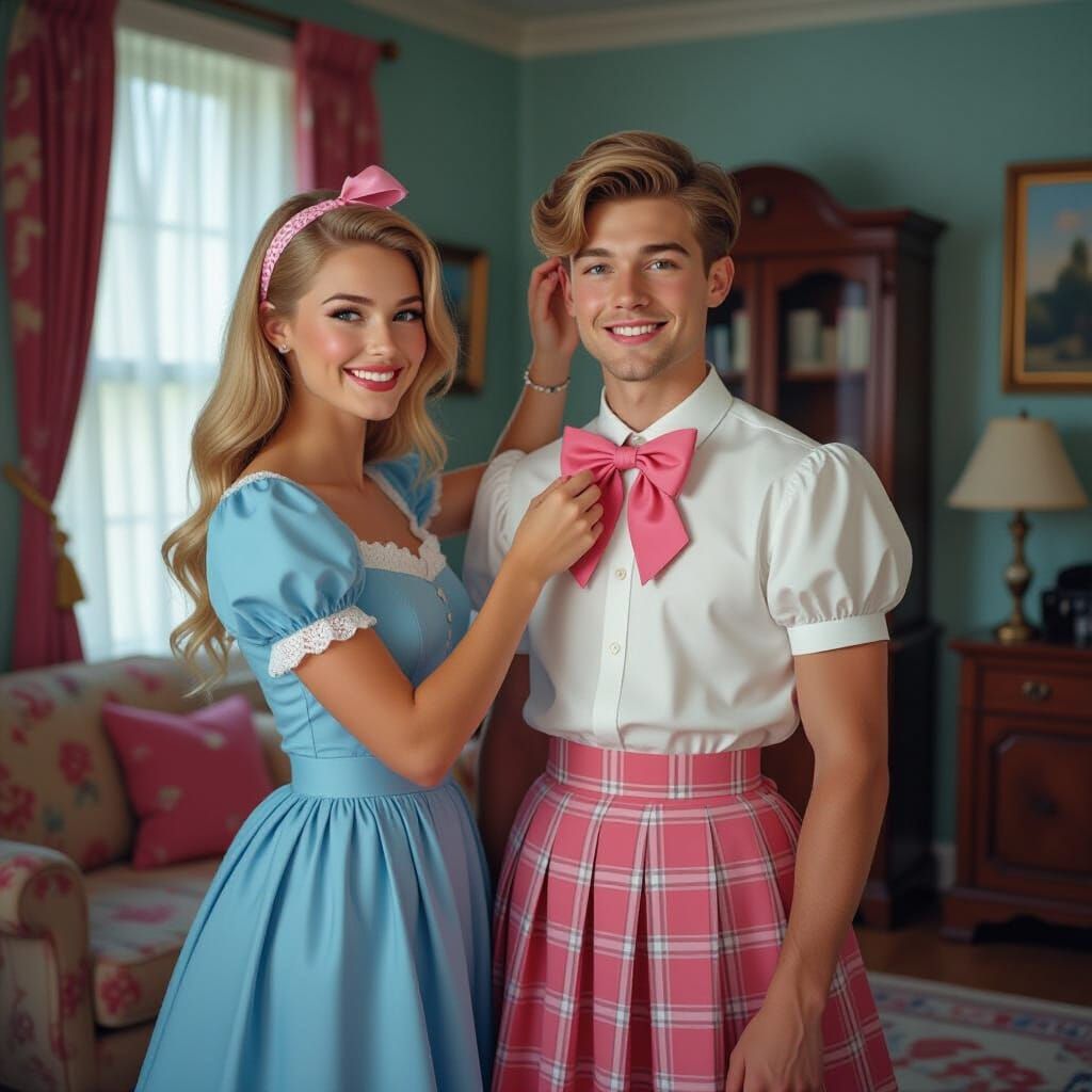 Man in Skirt with Woman Tying Ribbon