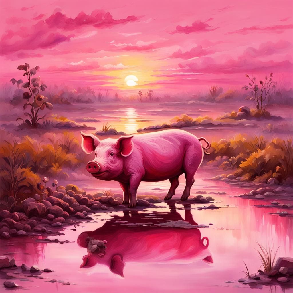 Pink Pig Family in Misty Sunrise, Gouache and Ink