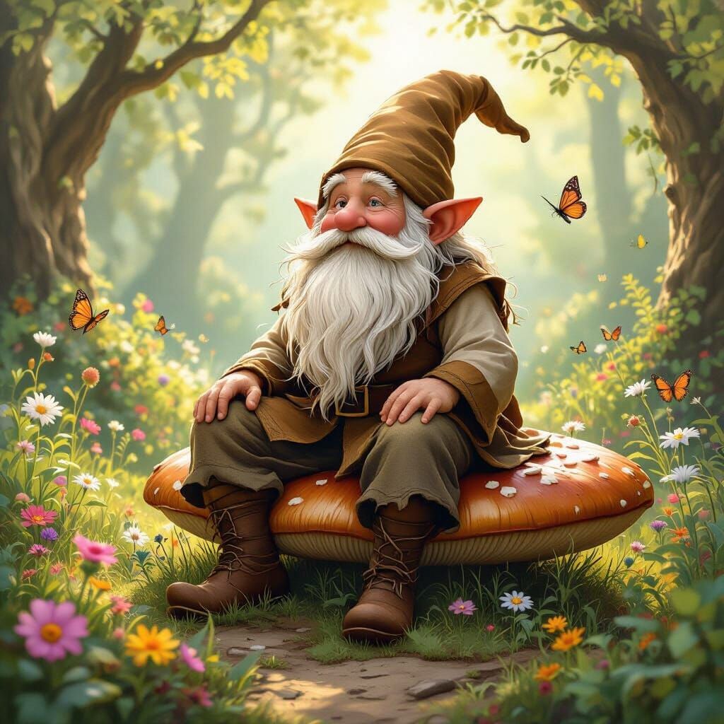 Gnome on Mushroom in Whimsical Storybook Style