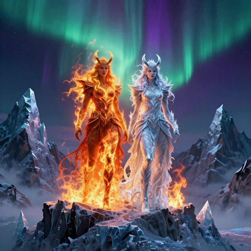 Fire and Frost Giantess Twins on Mountain Peak