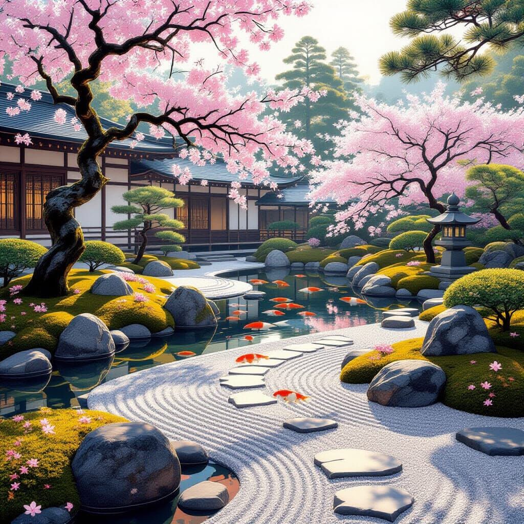 Serene Japanese Garden with Cherry Blossoms in Painterly Sty...