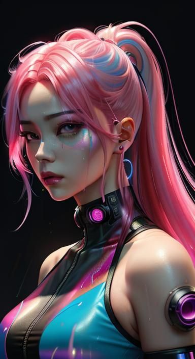 a painting of a woman with pink hair, cyberpunk art, inspired by Yanjun Cheng, digital art, closeup fantasy with water m...
