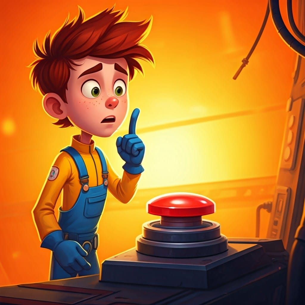A Nervous Cartoon Character Hesitates Before a Warning Butto...