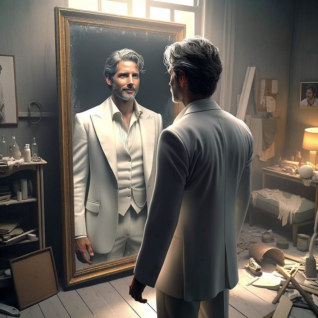 Man's Reflection Shows Youthful Self in Disarrayed Room