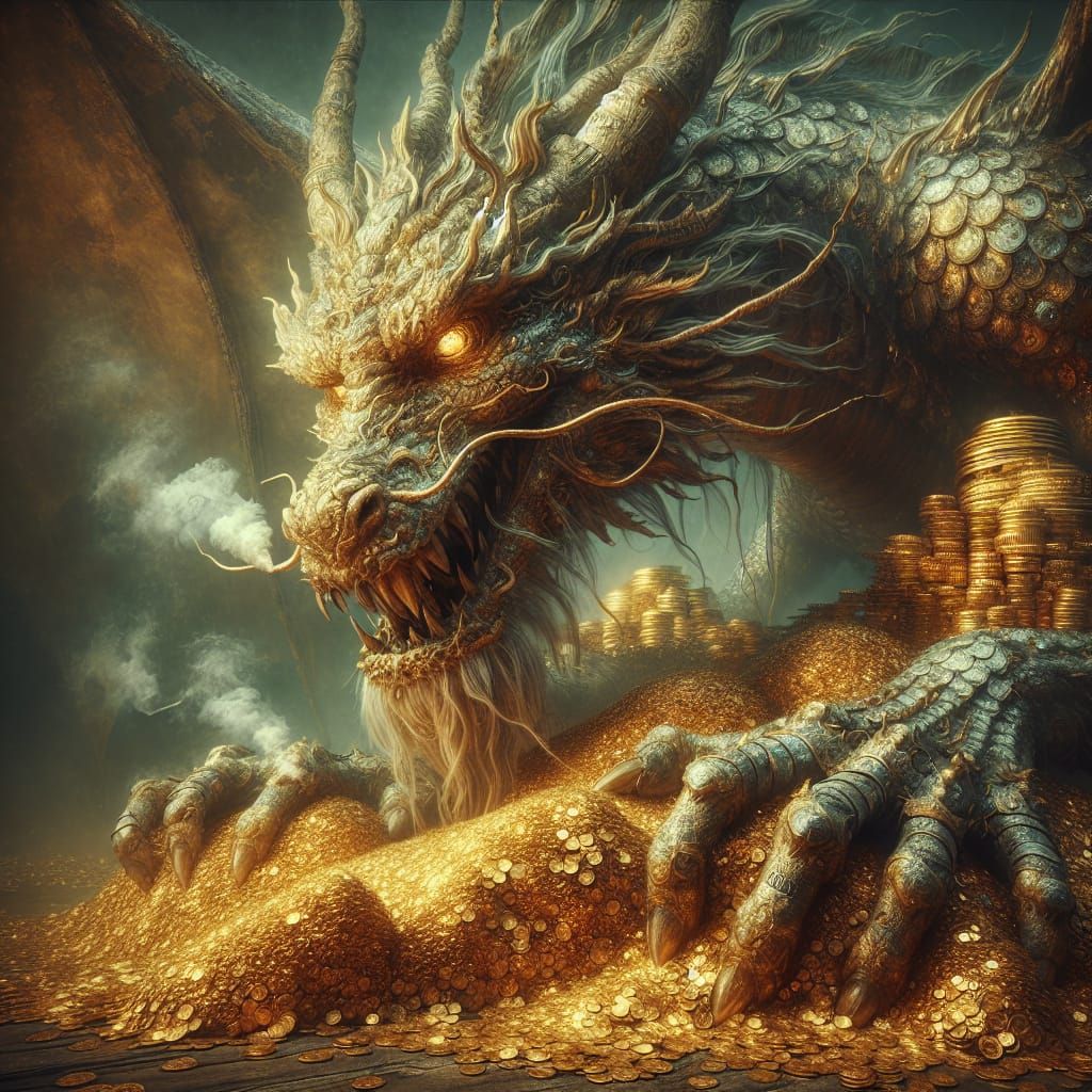 Majestic Ancient Dragon Guarding Golden Treasure Hoard