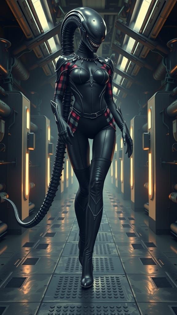 Female version of an alien from film "Alien" in a Gingham dress, tight corset and over knee stiletto high heel platform ...