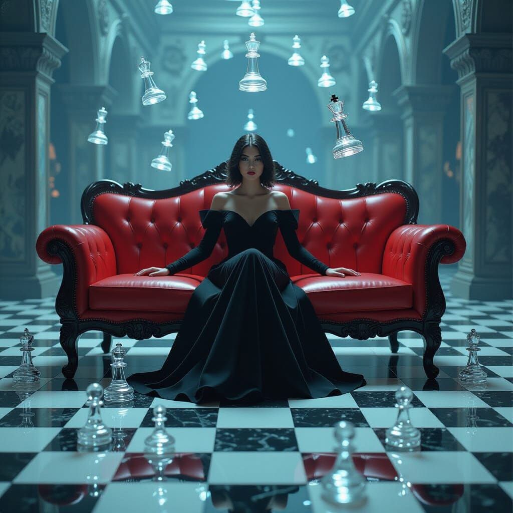 Surreal Parallel Universe with Gothic Sofa, in Futuristic St...