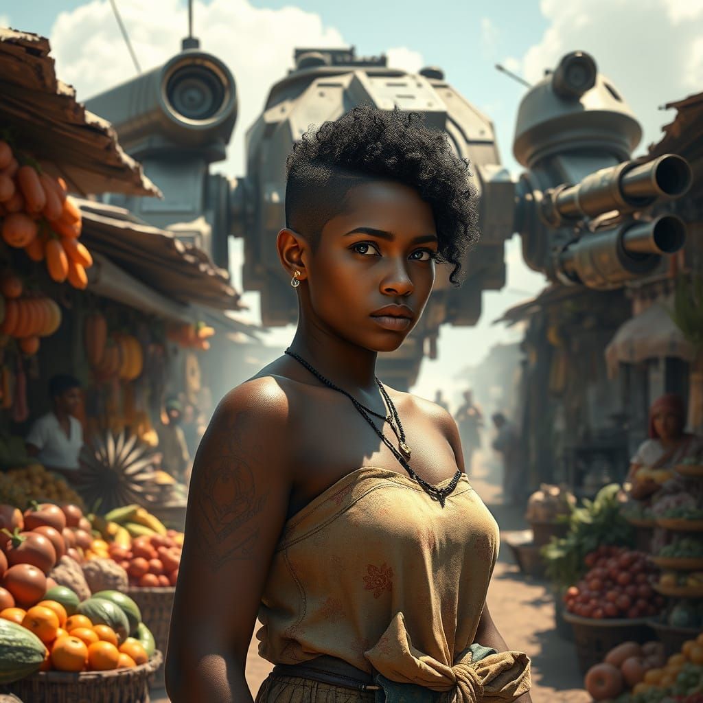 Central African Market Scene with Mutated Foods and Futurist...