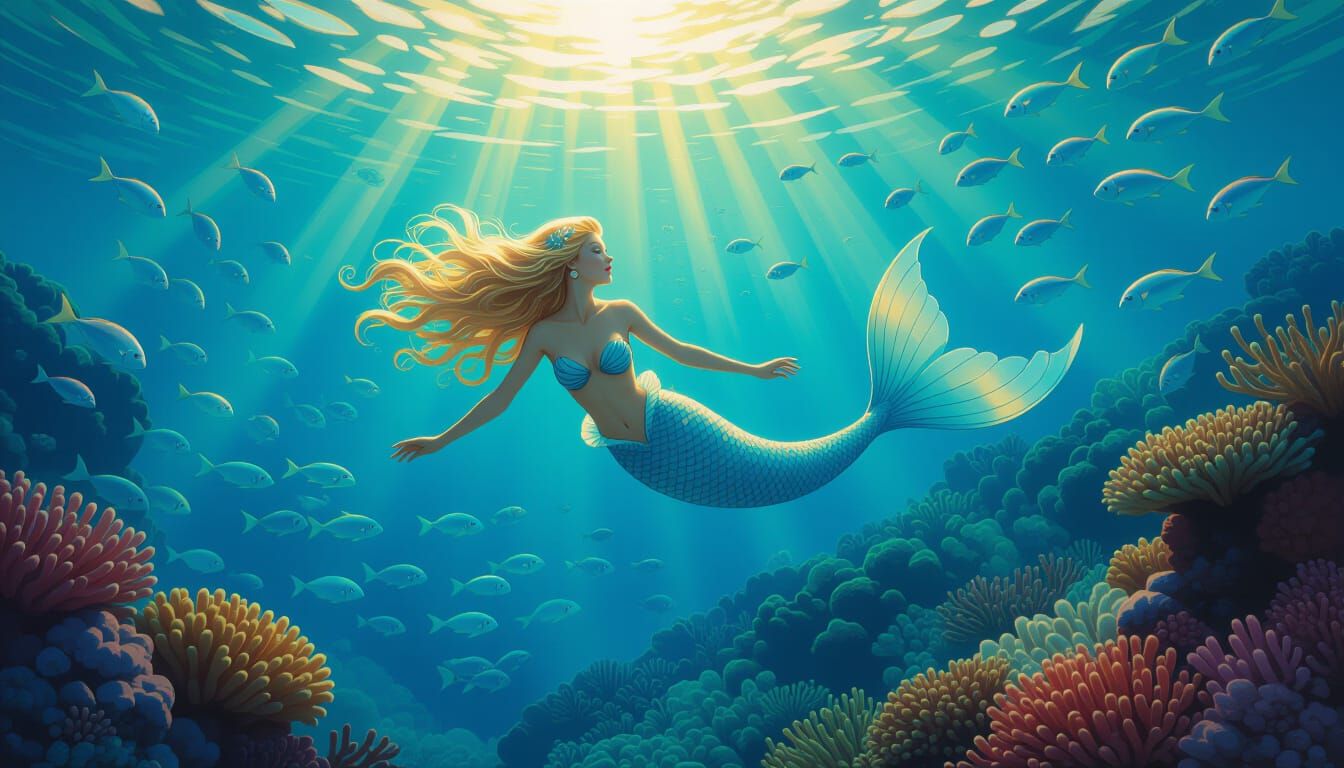 An incredibly beautiful mermaid swims underwater among colorful coral reefs. Colorful fish swim around the mermaid. Sun ...