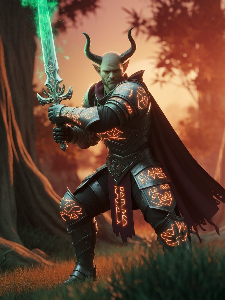 Fantastical Satyr Knight in Ornate Armor Wields Magical Swor...