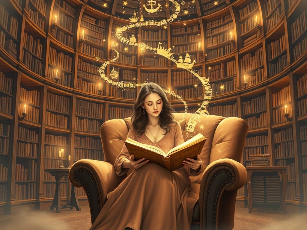 Muse in Magical Library with Ethereal Magic Flux
