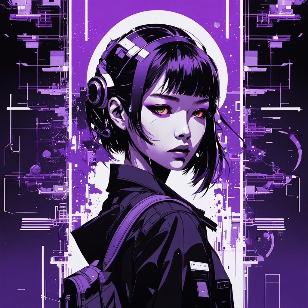 Futuristic Schoolgirl in Glowing Purple: Sci-Fi Illustration