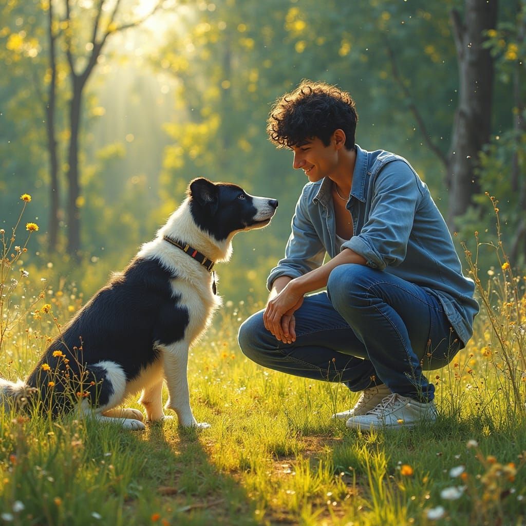 Man and Dog in Sun-Drenched Meadow