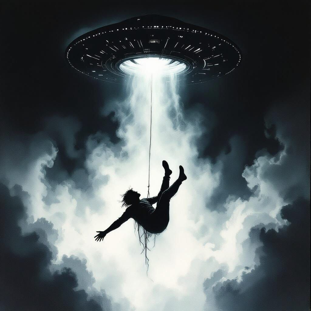 Human Abducted by Ominous Alien Craft in Gothic Mist