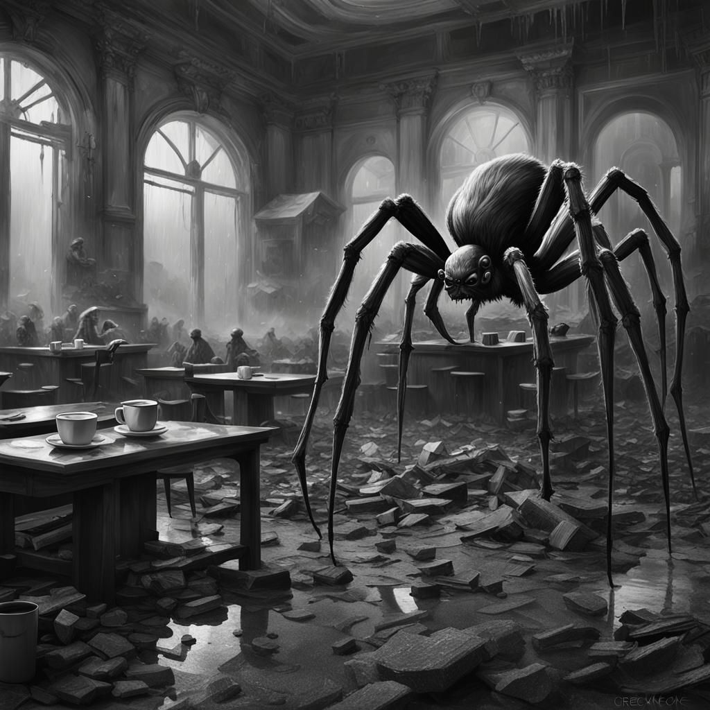 Giant Spiders in Coffee Shop with Goth Model