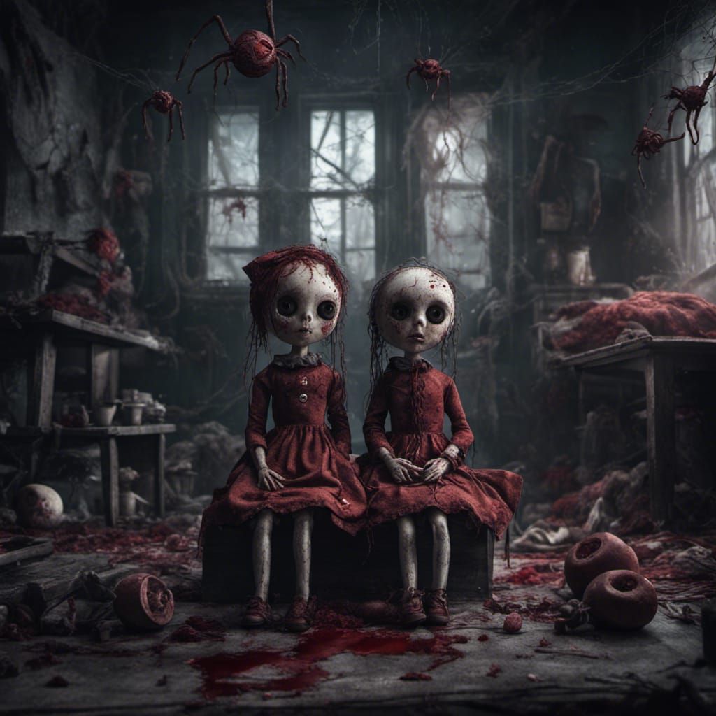 Creepy Button Eye Rag Dolls in Haunted House