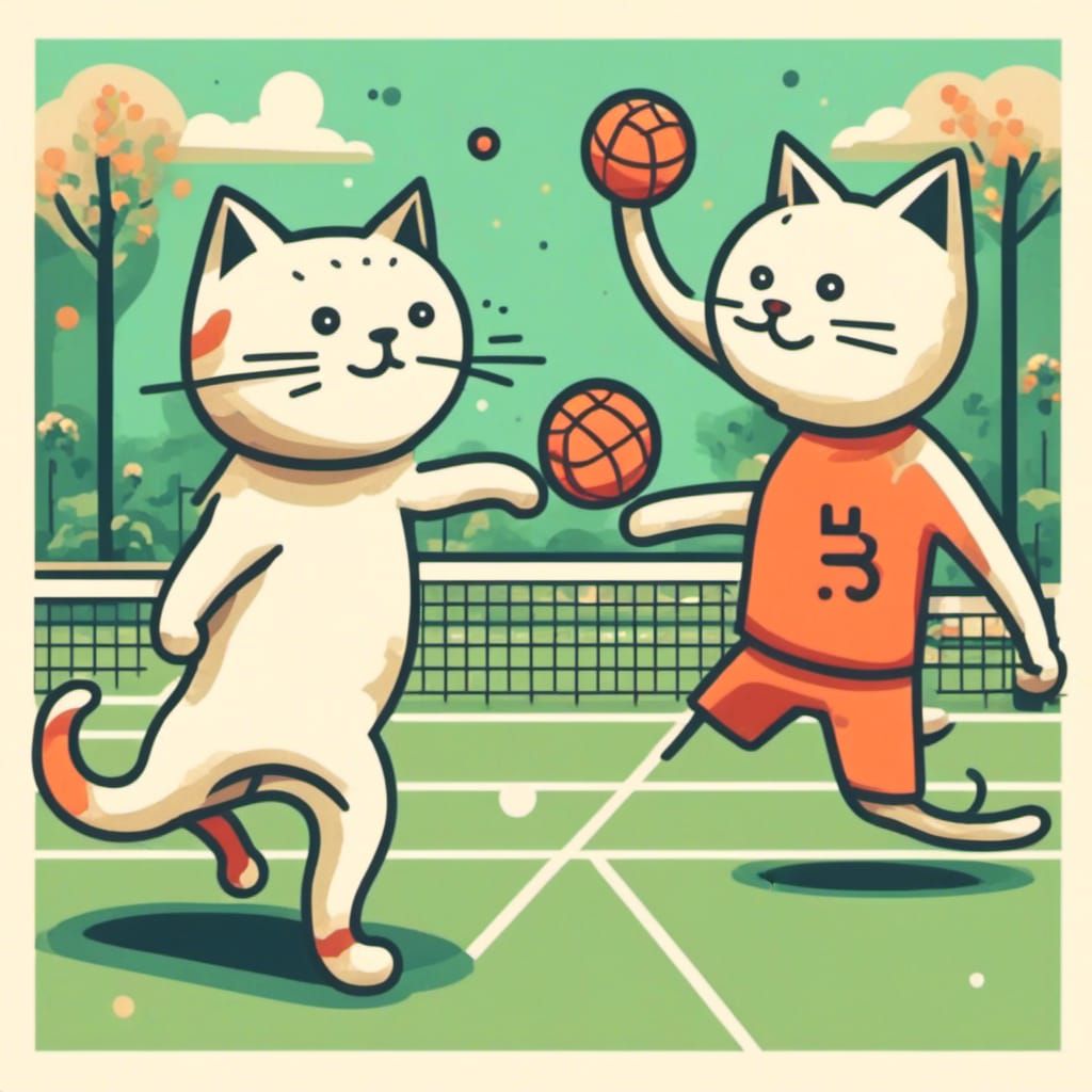 Anthropomorphic Cats Play Pickleball on Court